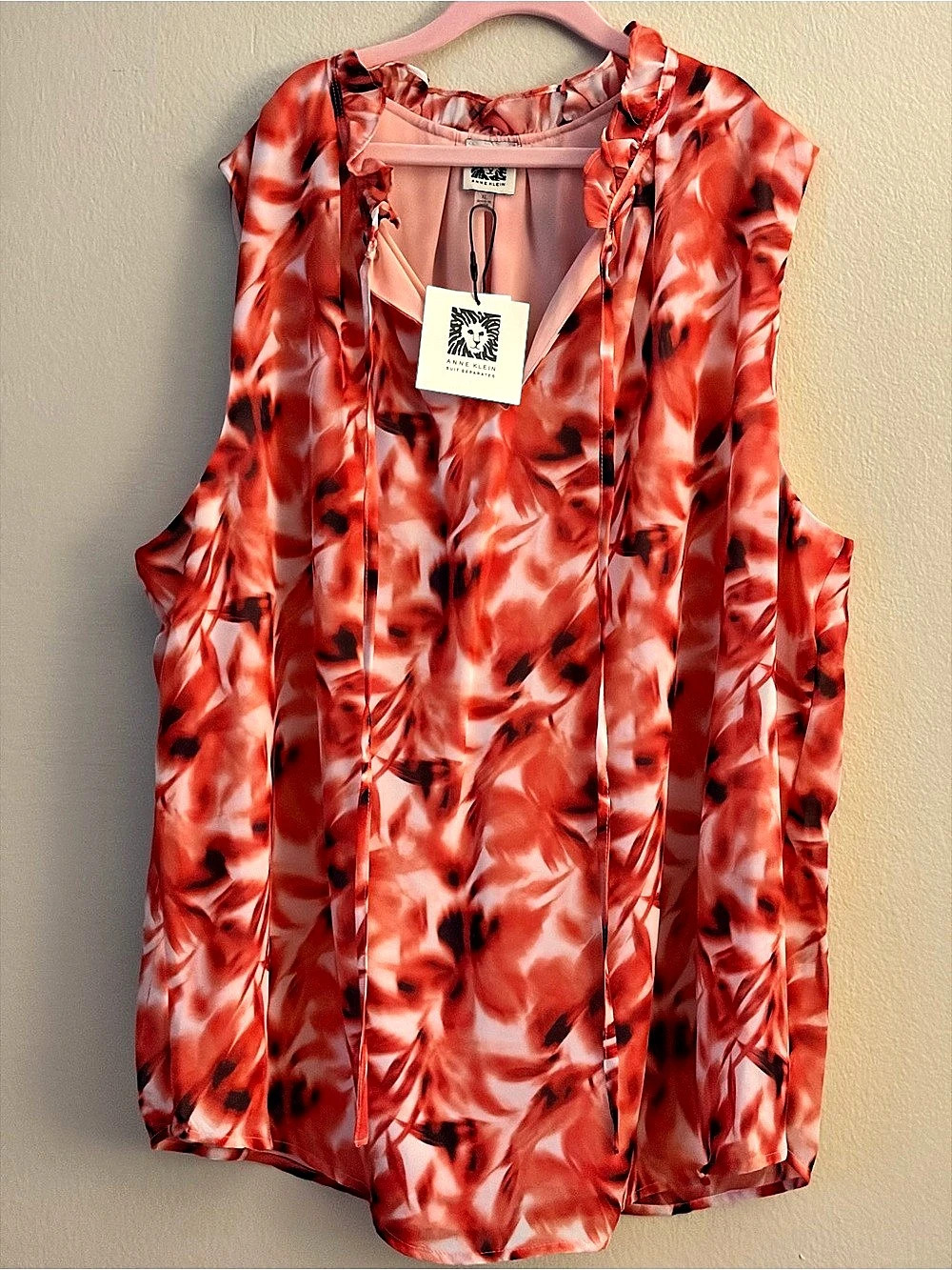 Anne Klein Abstract Sleeveless Blouse in Red & White XL NWT